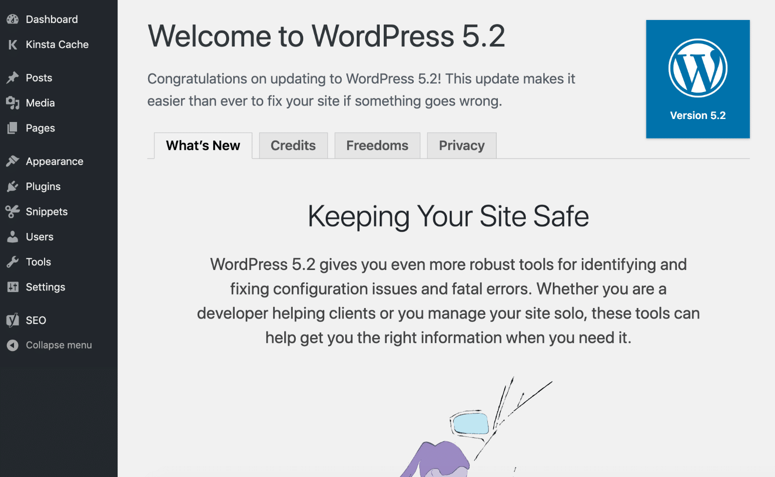 WordPress 5.2 welcome screen