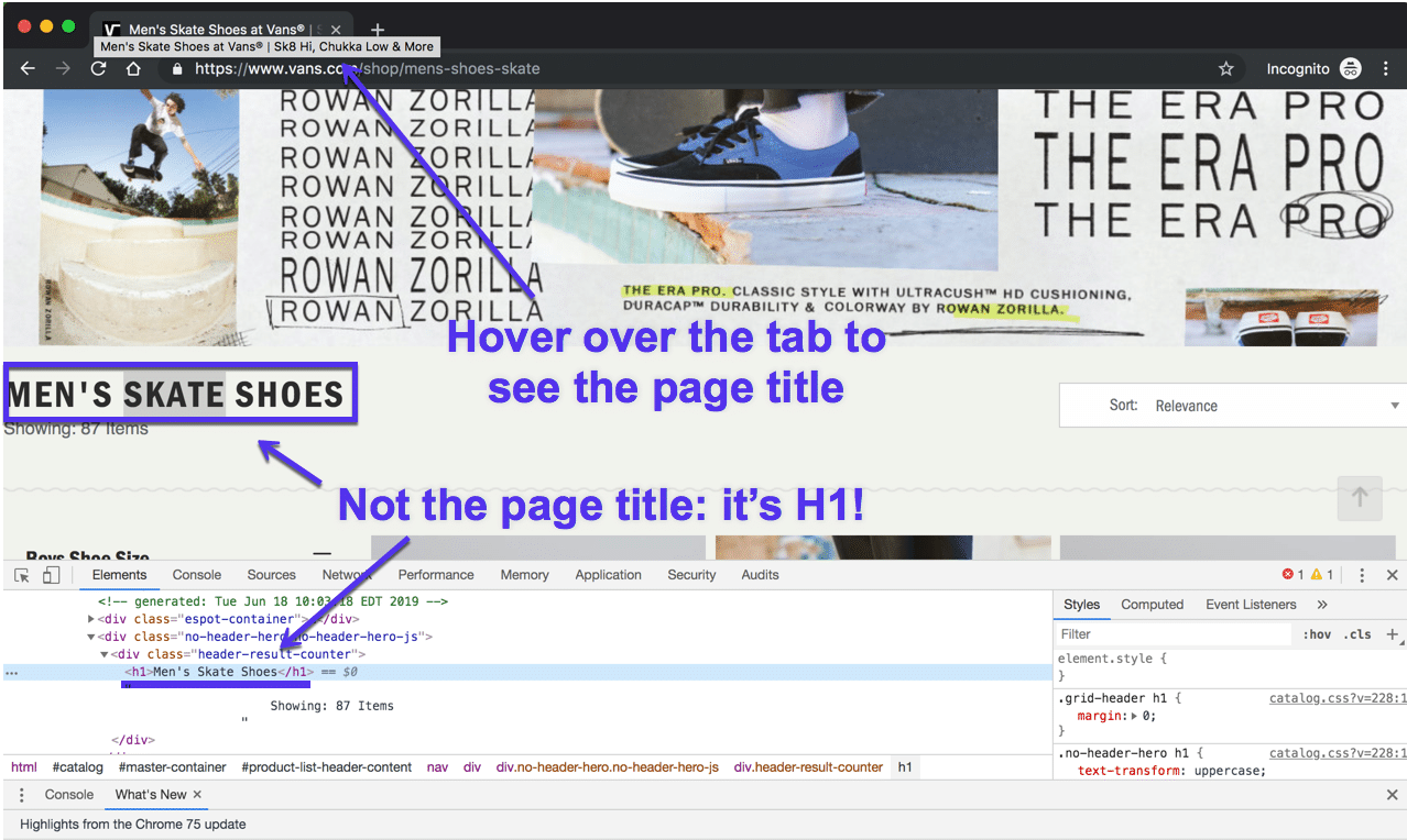 Page title vs H1 in Chrome