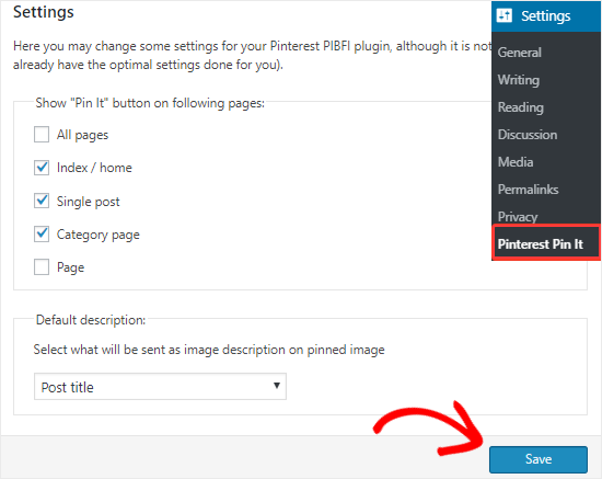 Pinterest Pin It button for images settings page