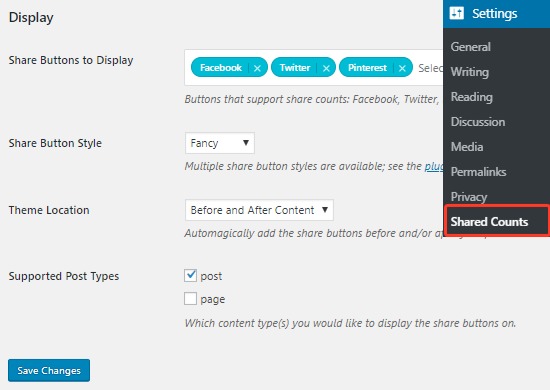 Shared Counts settings page