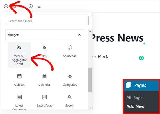 Add WP RSS Aggregator Block in WordPress Page