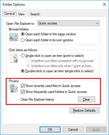 Delete the file browsing history in File Explorer