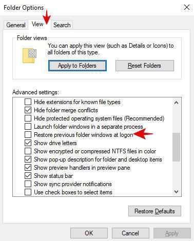 Restore explorer windows at logon in Windows 10