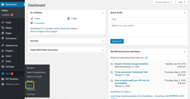 Selecting the Yoast Tools option in the WordPress admin sidebar.