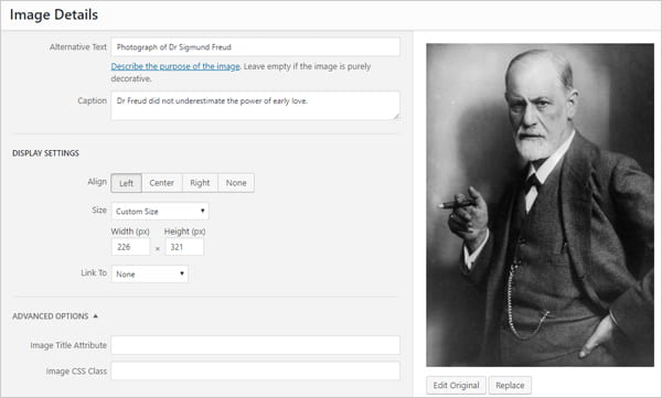 Screenshot of Image Details screen with alternative text describing a photograph of Dr. Sigmund Freud.