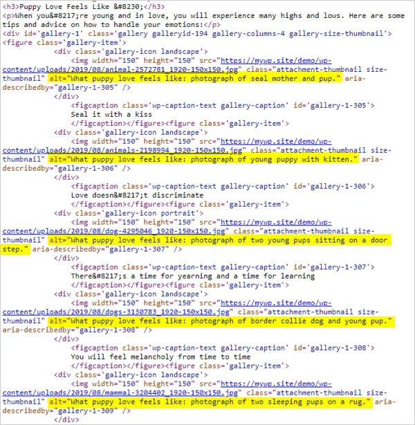 Source code of WordPress post with samples of alternative text highlighted.