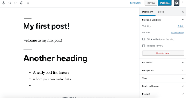 A look at what your first post might look like on WordPress