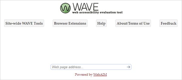 Home screen of Wave web accessibility evaluation tool.