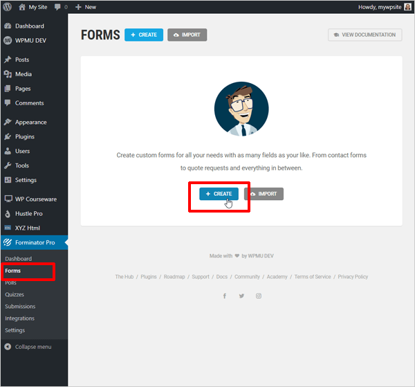 Forminator create form screen.