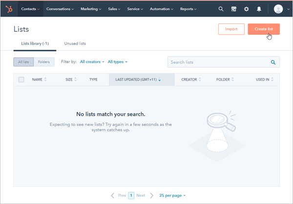 HubSpot create list screen.