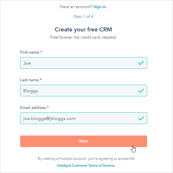 HubSpot account setup form.