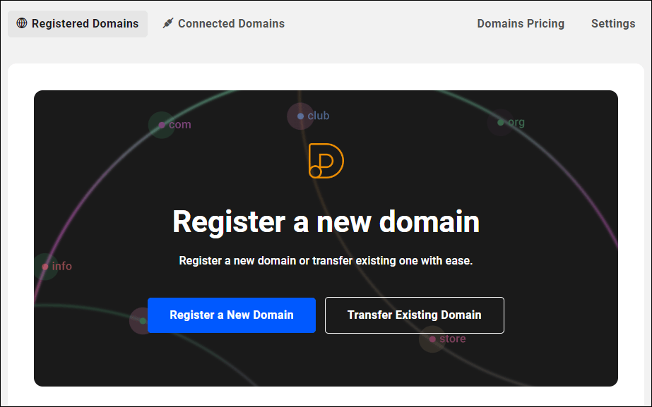 The Hub's Registered Domains screen