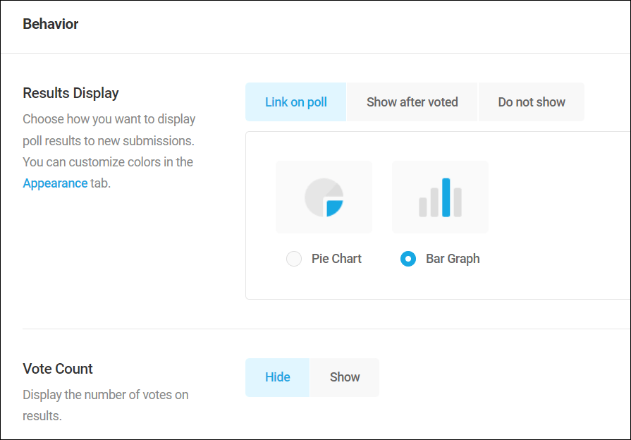 Forminator Polls - Behavior settings screen.