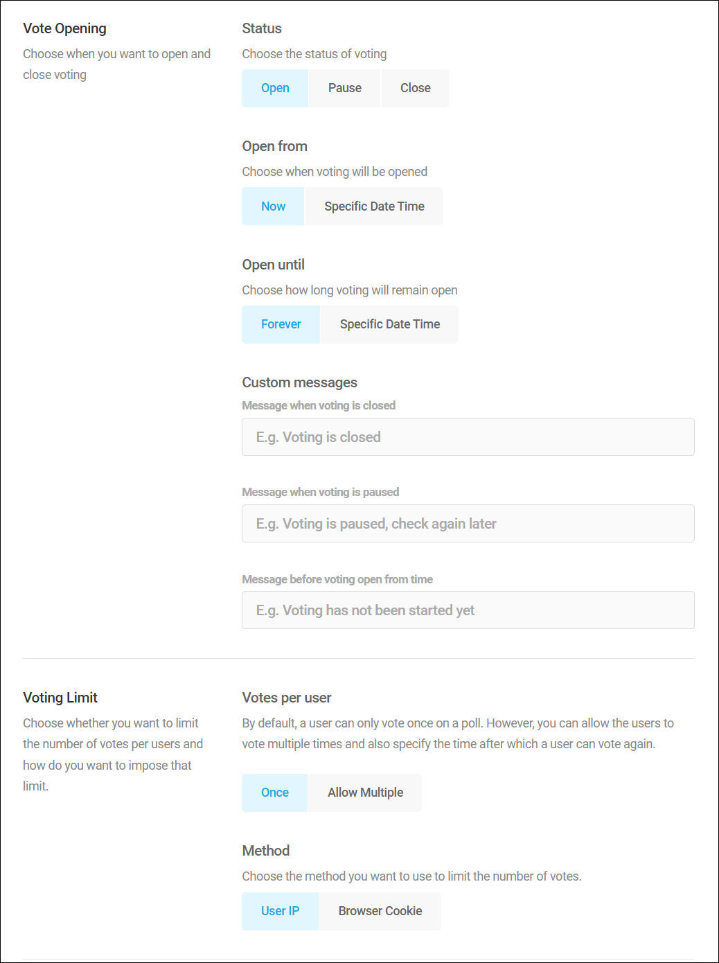 Forminator Polls - Behavior screen: vote opening and vote limits.