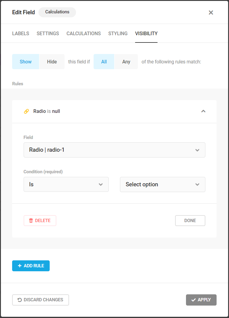 Edit Calculations field - Visibility tab