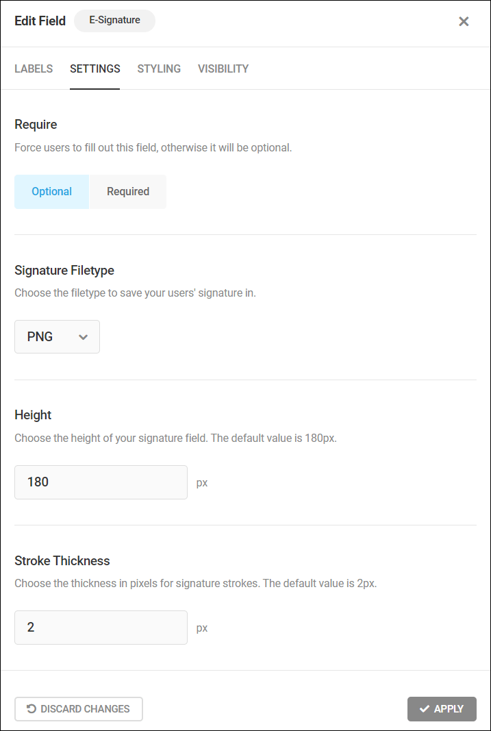 Forminator Edit Fields - eSignature Settings tab