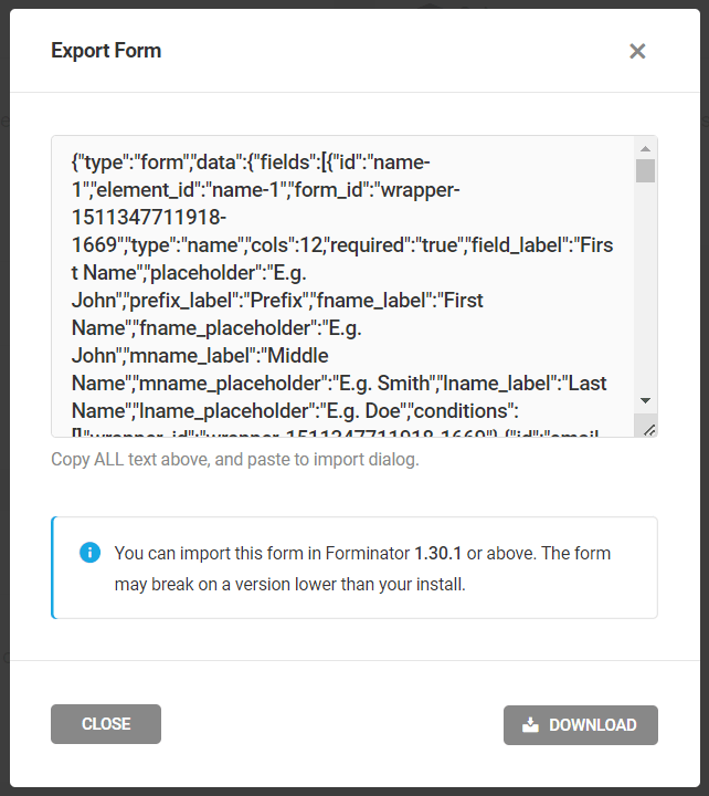 Forminator Export Form window