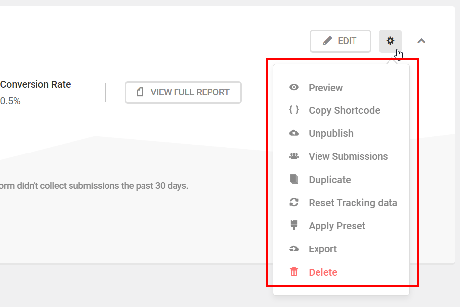 Forminator form functions menu.