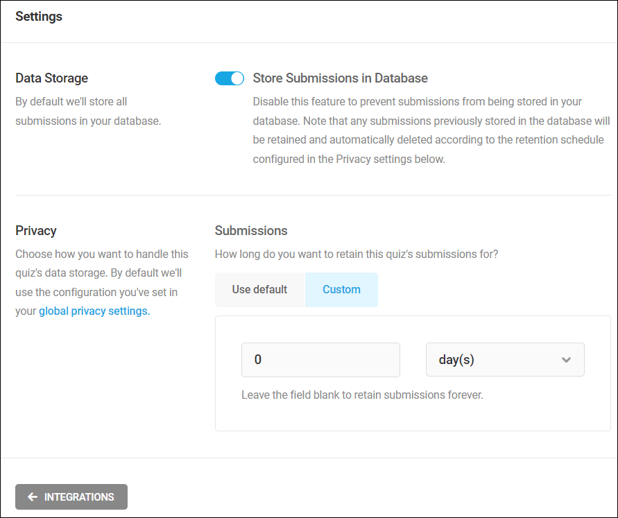 Forminator Quiz Settings screen