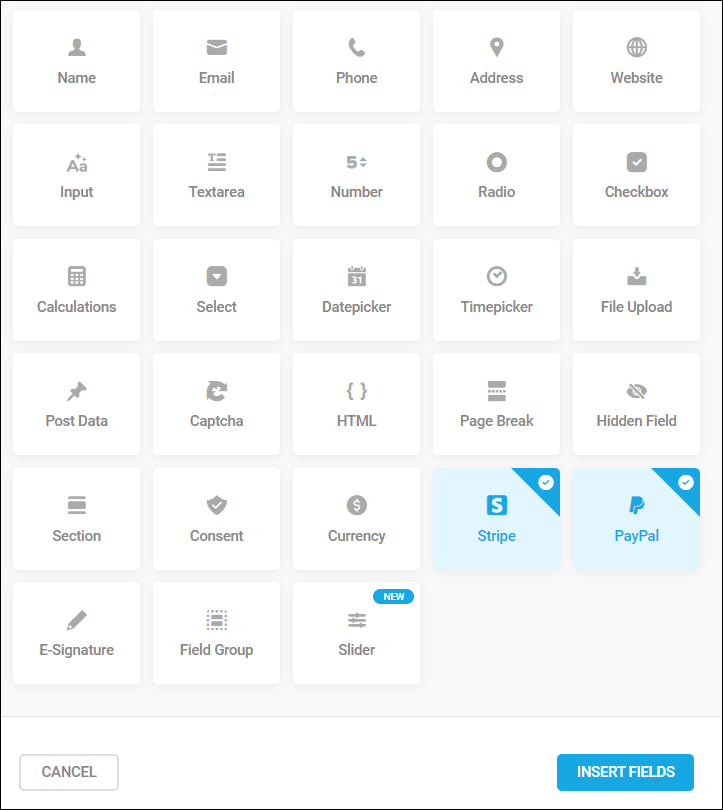 Forminator fields - Stripe and Paypal selected.