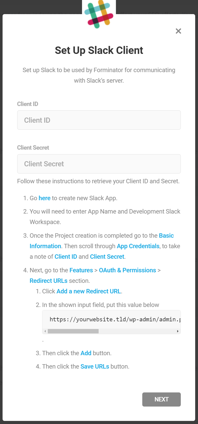 Forminator Integrations - Slack setup screen.