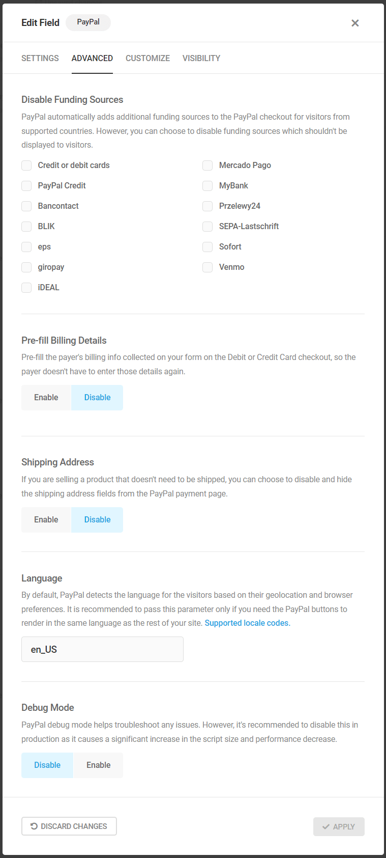 PayPal edit field - Advanced tab.