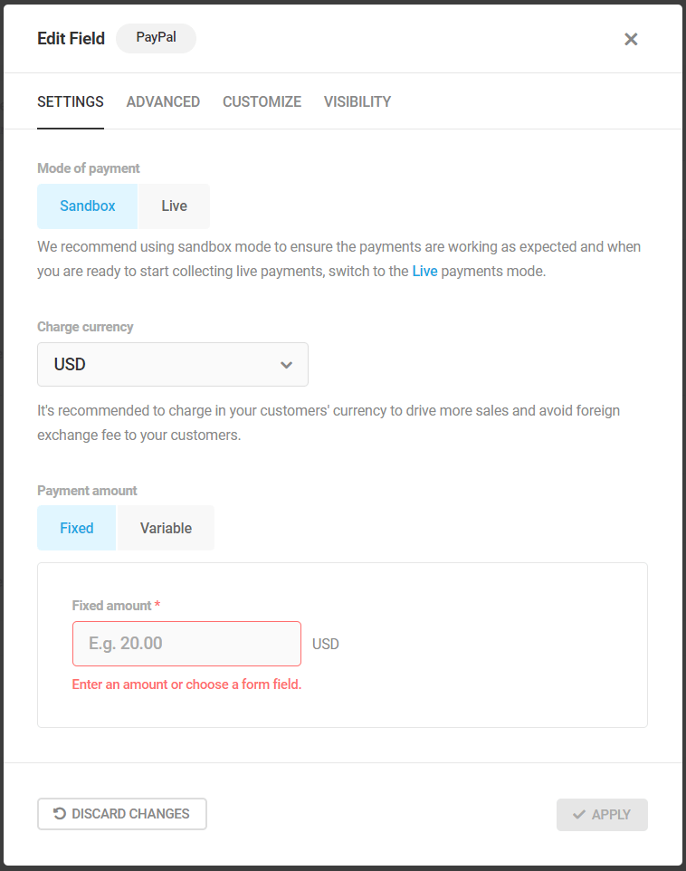 PayPal Edit Field - Settings tab
