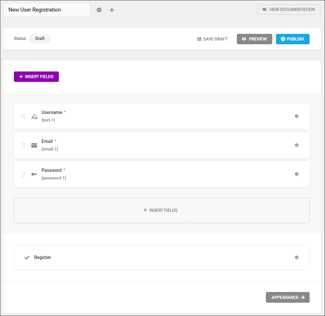 Forminator registration form fields