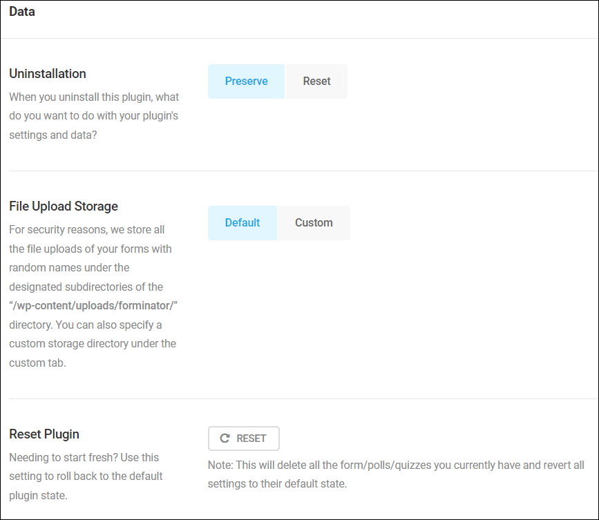 Forminator Settings - Data