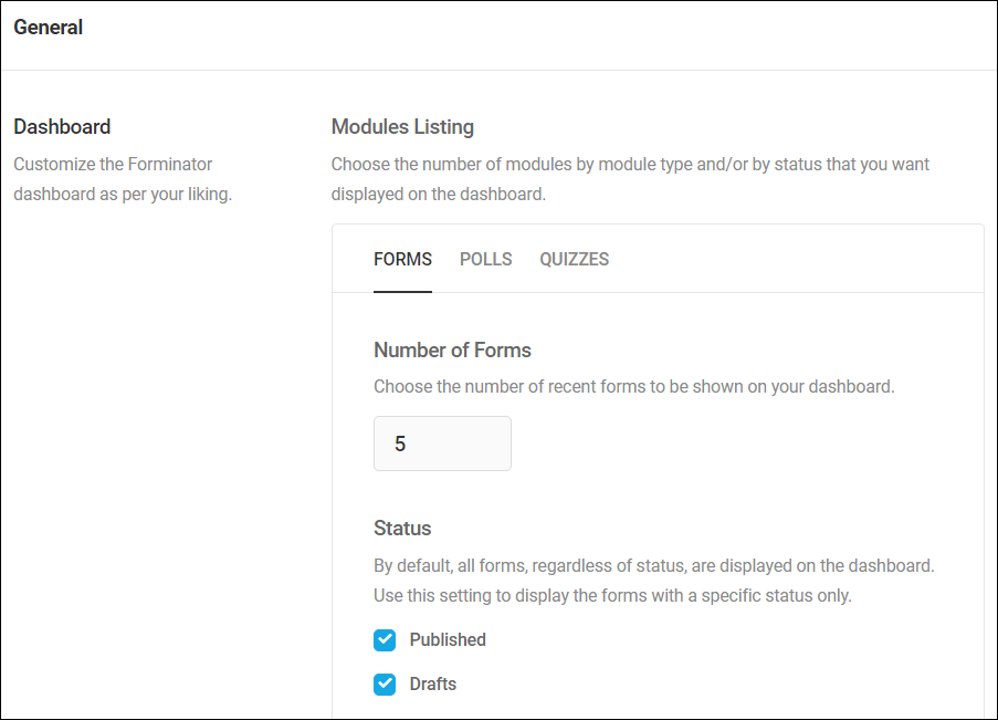 Forminator Settings: General - Dashboard