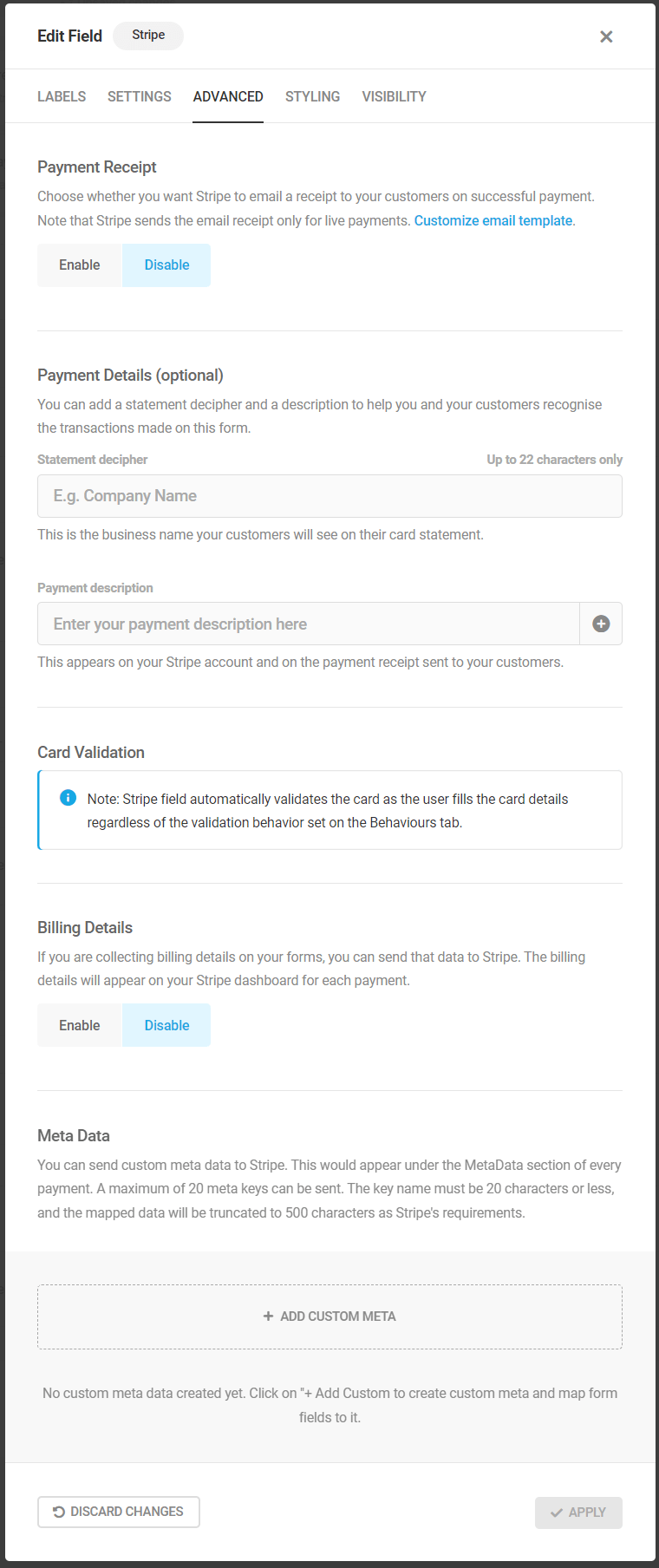 Stripe Edit section - Advanced tab.