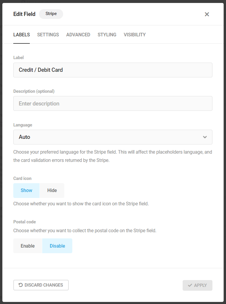 Stripe Edit Fields section - Label tab