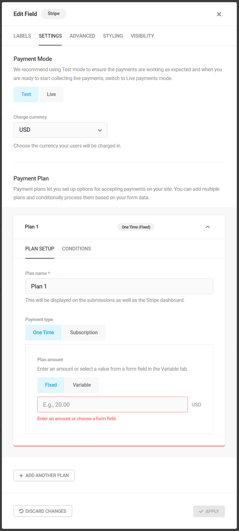 Stripe Edit Fields - Settings tab