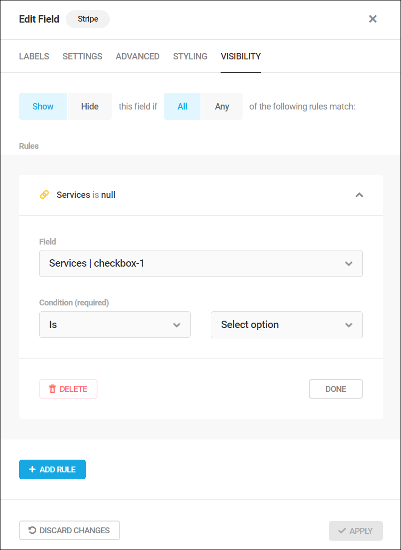 Stripe Edit Field - Visibility tab.