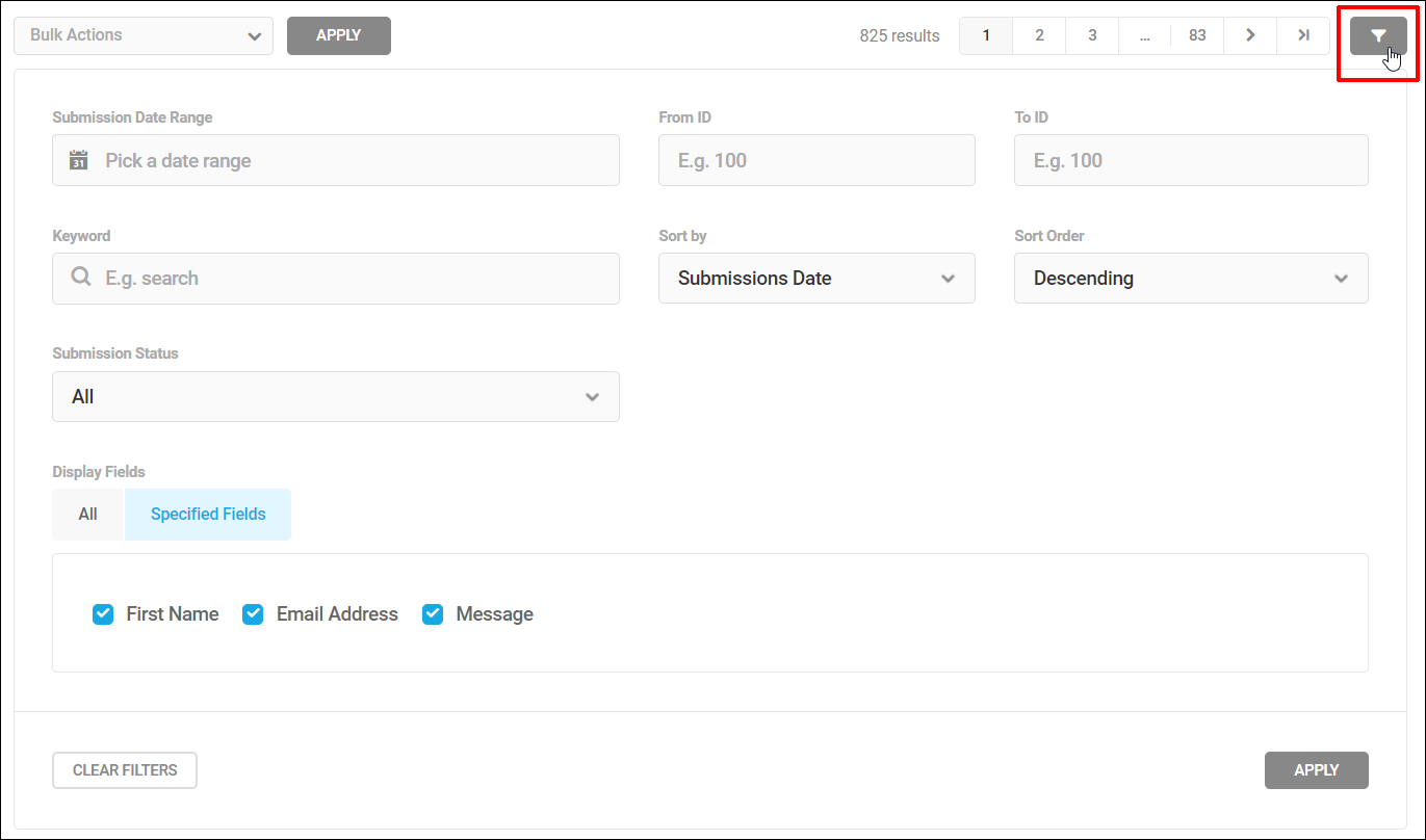 Forminator Submissions - Bulk Filtering screen.