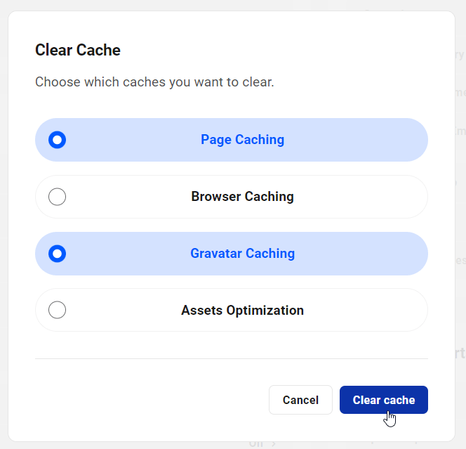 The Hub: Performance tab - clear cache link.