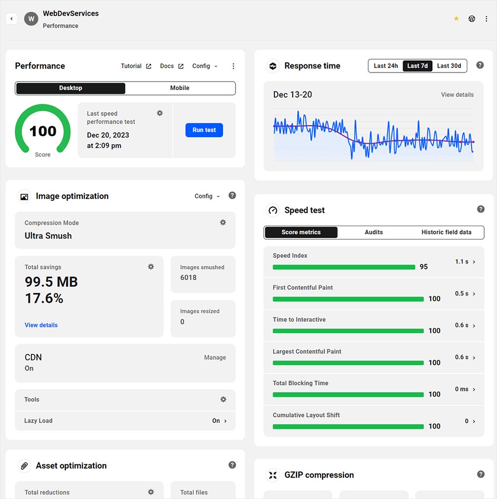 The Hub - Performance dashboard with Hummingbird and Smush activated.