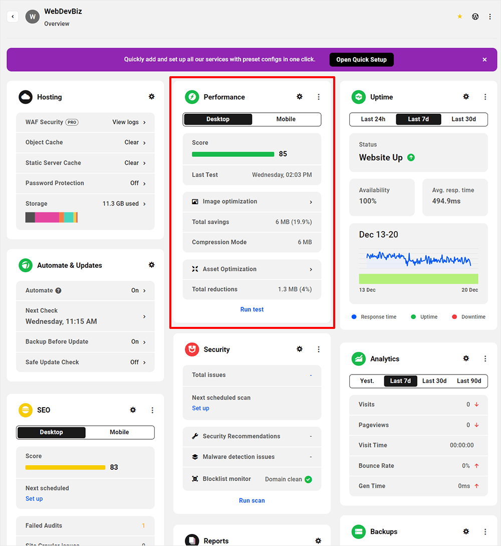 The Hub: Overview section -Performance panel