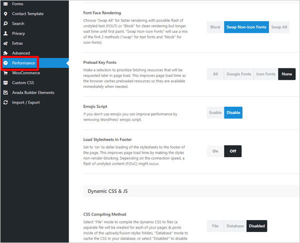 Avada WordPress Theme - Performance Options.