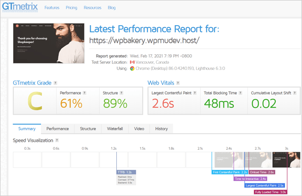 GTmetrix results after initial setup.