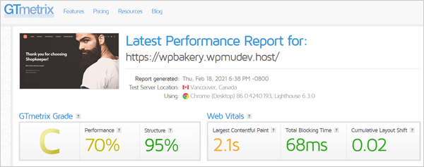 GTmetrix results after Smush WPBakery integration.