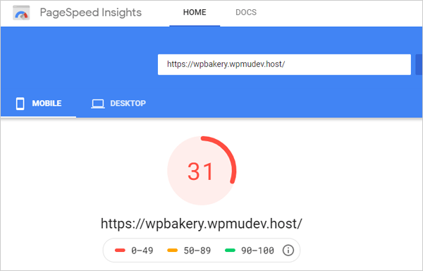 Google PageSpeed Insights - Mobile results after Smush WPBakery integration.