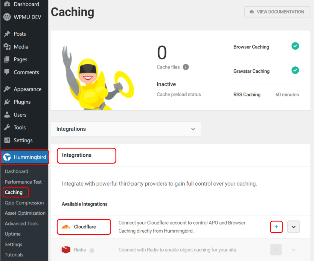 Hummingbird dashboard menu integrations to Cloudflare