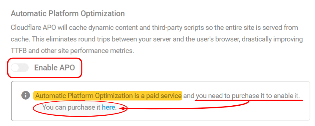 Cloudflare enable APO, payment info
