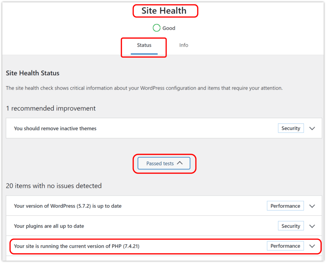 WP Site Health, status passed tests