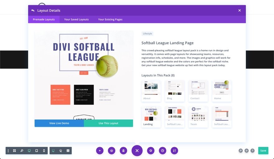 divi softball league layout pack