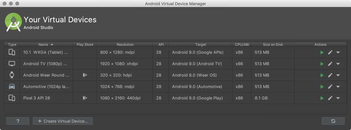 Android Studio offers virtual devices