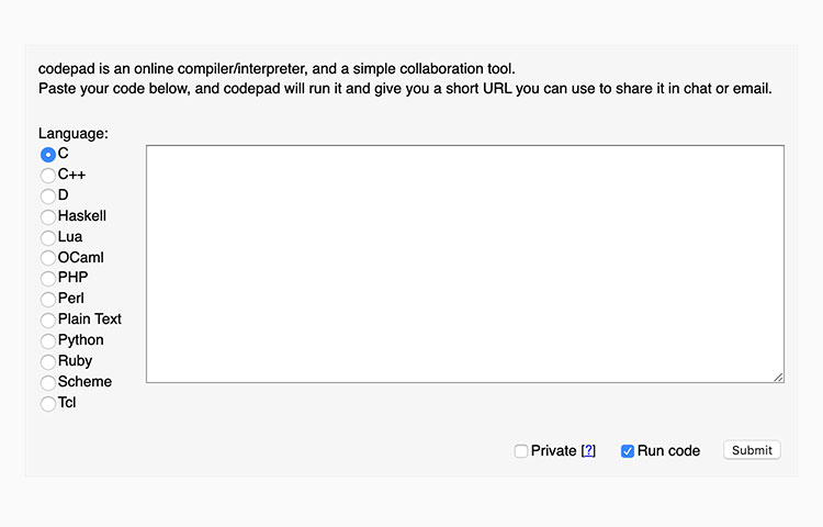 Codepad online IDE in browser