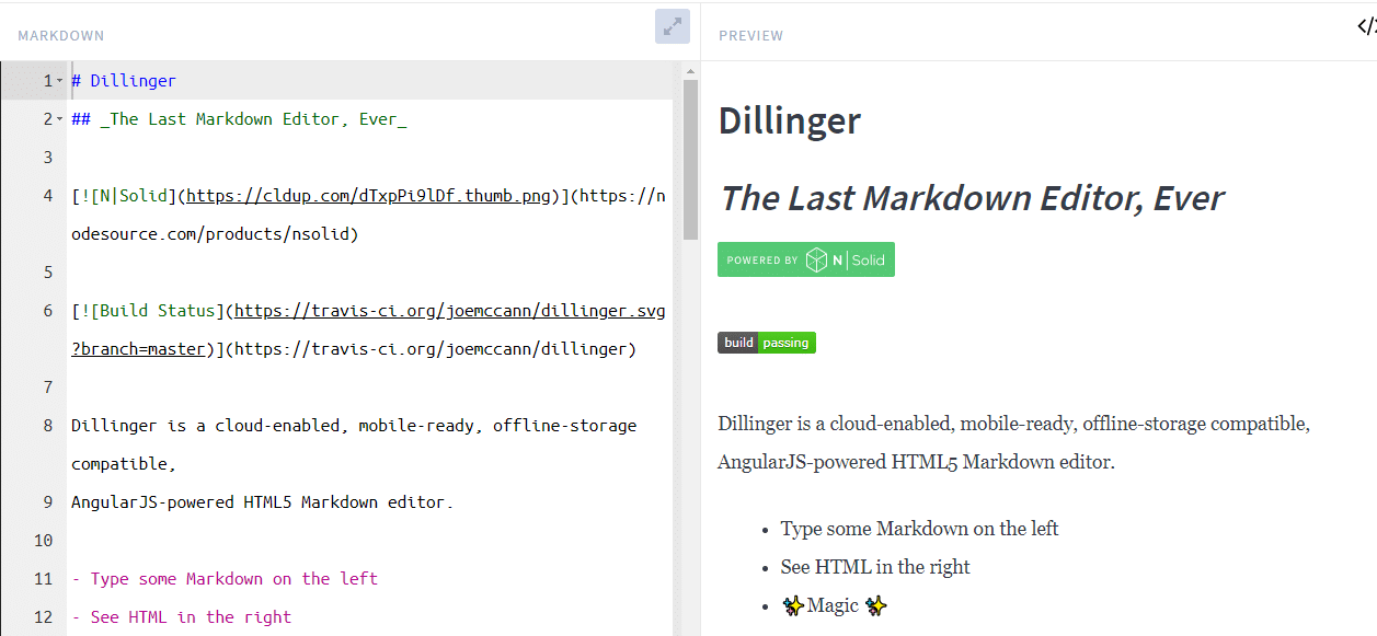 The Dillinger markdown editor showing marked-down filler text on the left and its resultant styled text on the right.