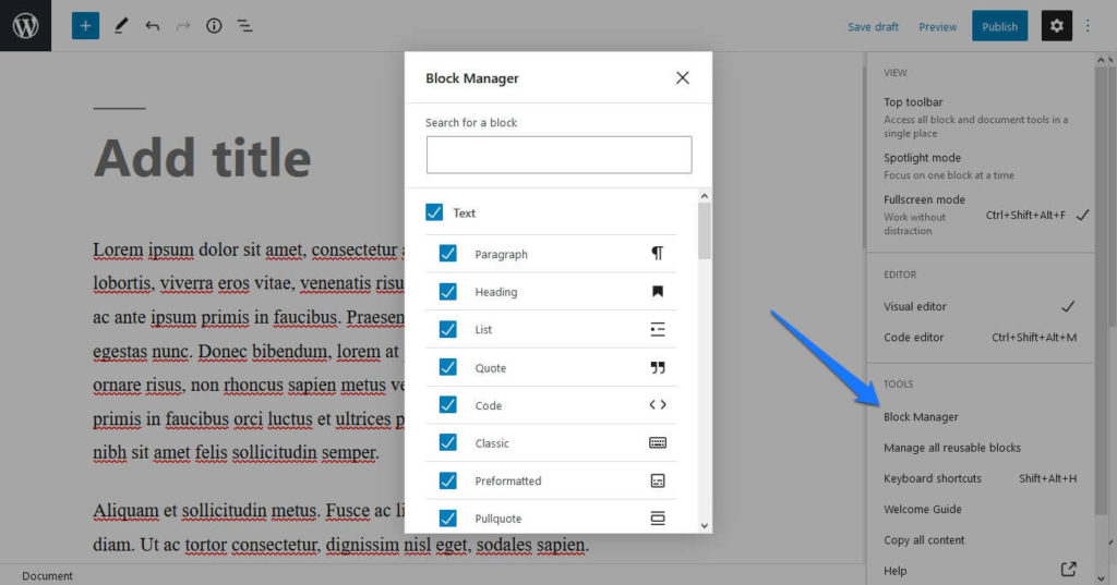 gutenberg block manager